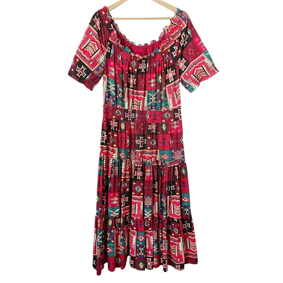 Desert West Sherry Holt Vintage Western Cotton Tiered Dress Red Print Size Large - Picture 2 of 16